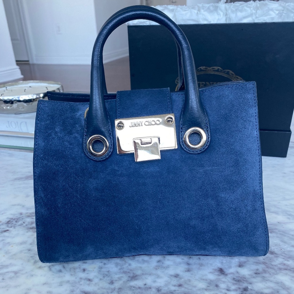 Jimmy Choo Riley Mini Navy Blue Suede Tote/Crossbody Handbag